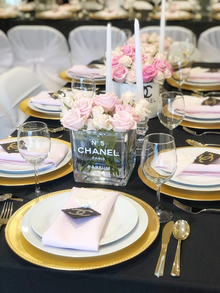 chanel party centerpieces, coco chanel perfume bottle flowers