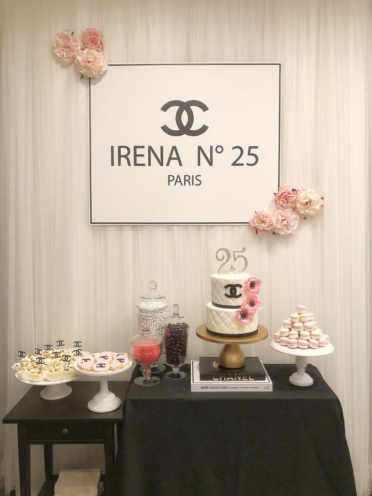 chanel backdrop, chanel theme party, chanel birthday cake, chanel dessert table 