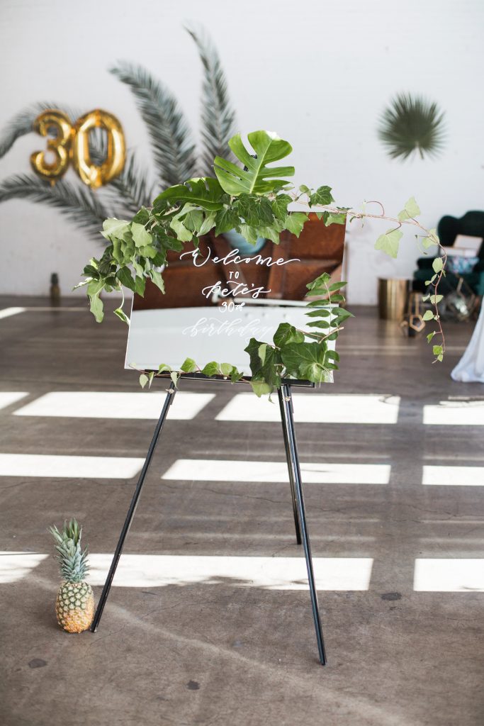 tropical theme 30th birthday chic party ideas welcome sign