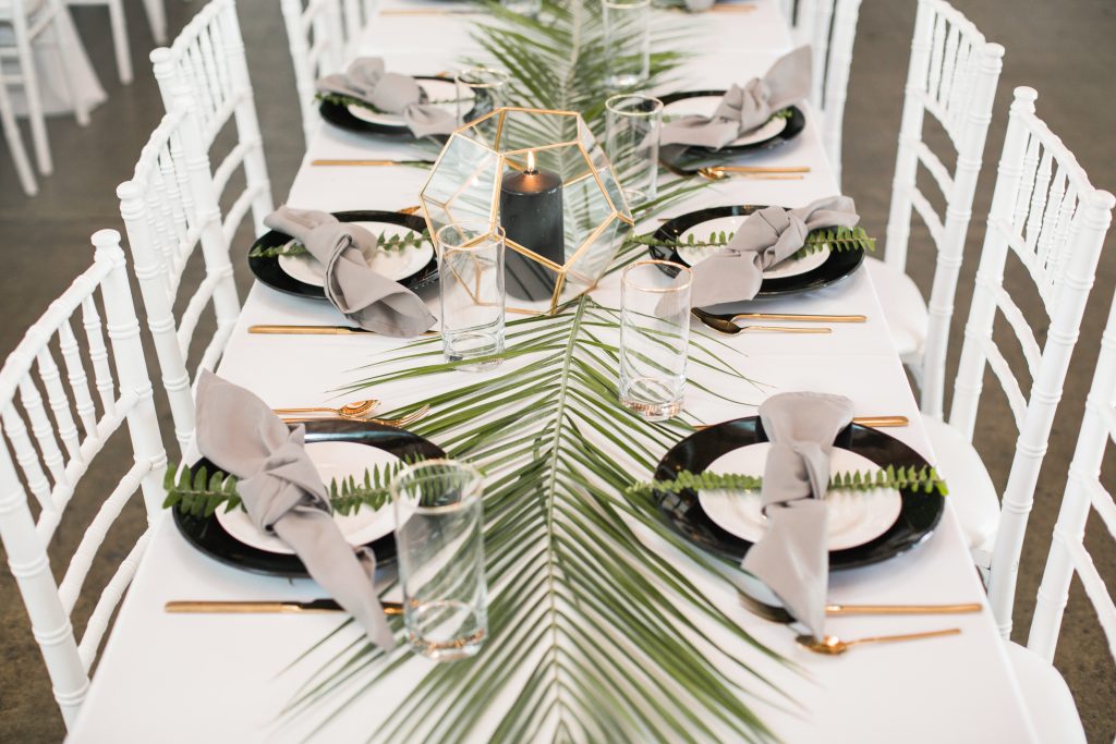 tropical theme 30th birthday chic party ideas botanical modern centerpiece minimalistic geometric