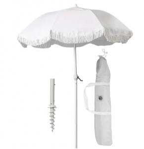 Beautiful white beach umbrella with fringe and easy screw bottom with carrying case