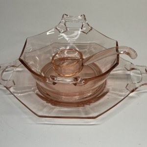 Fostoria Heisey Depression Glass Pink Mayo Condiment Bowl w/ underplate & ladle